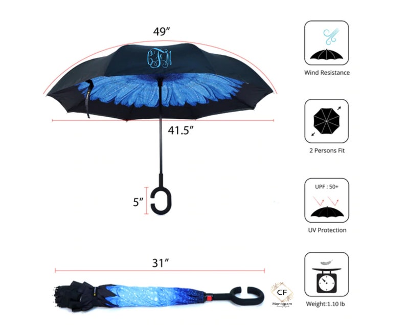 Personalized Inverted Umbrella, Custom Monogram, C-Shaped Handle