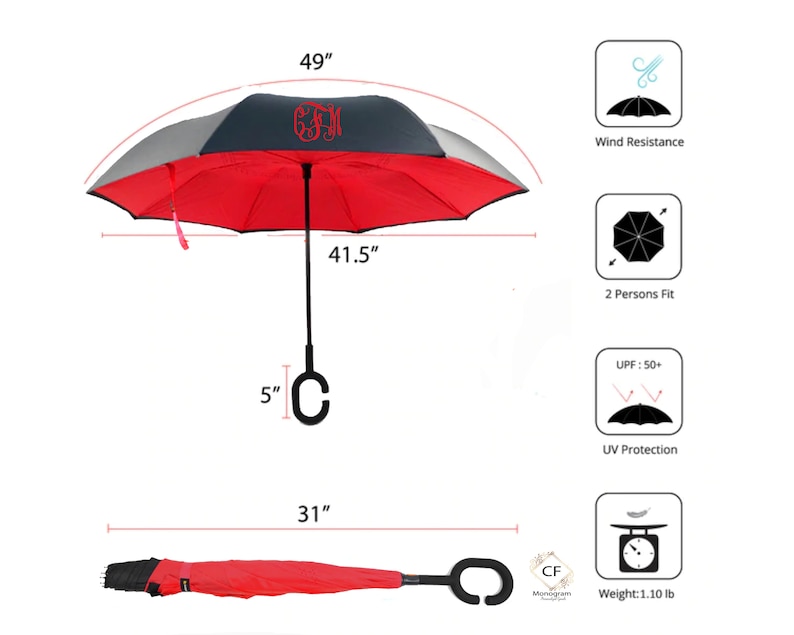 Monogram Umbrella, Inverted Double Layer, Red & Black, Personalized Gift