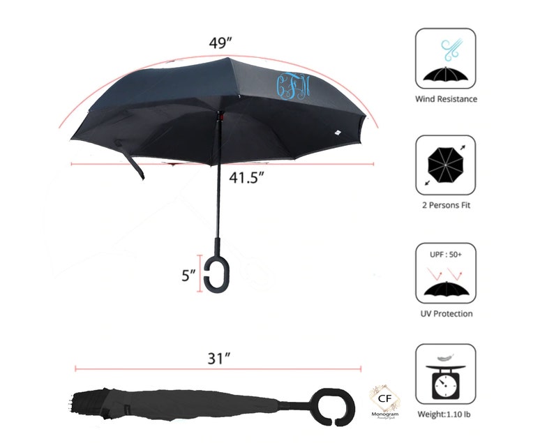 Personalized Inverted Umbrella, Monogram C-Handle, Teacher Gift