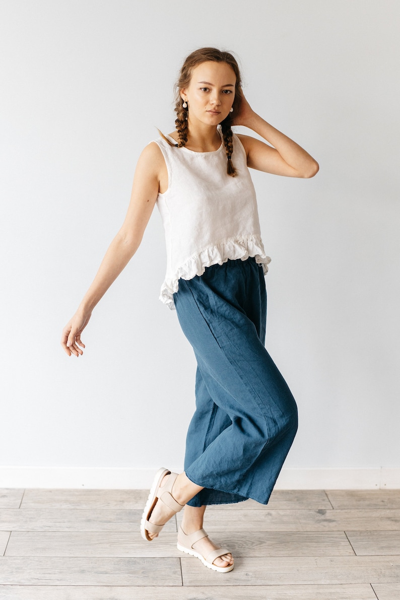 High Waist Linen Culottes: Raw Edge Relaxed Fit Pants