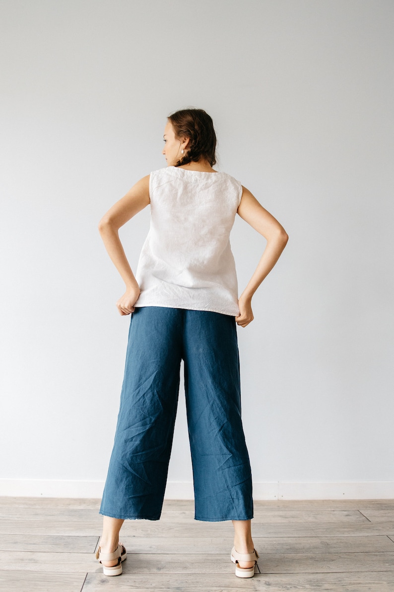 High Waist Linen Culottes: Raw Edge Relaxed Fit Pants