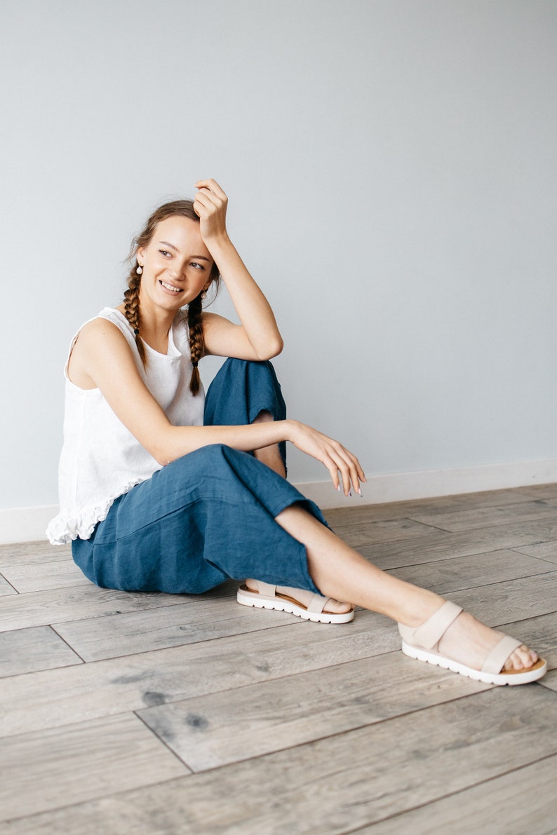 High Waist Linen Culottes: Raw Edge Relaxed Fit Pants