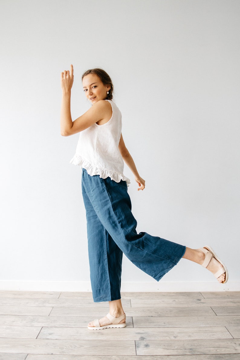 High Waist Linen Culottes: Raw Edge Relaxed Fit Pants