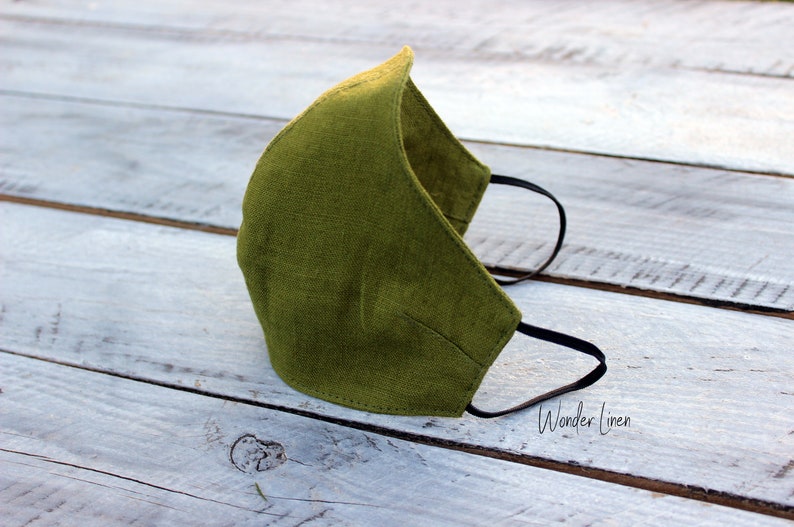 Linen face mask. Moss green fabric reusable mask. Stonewashed soft anti dust mask. Face protecting cover. Natural linen breathable mask