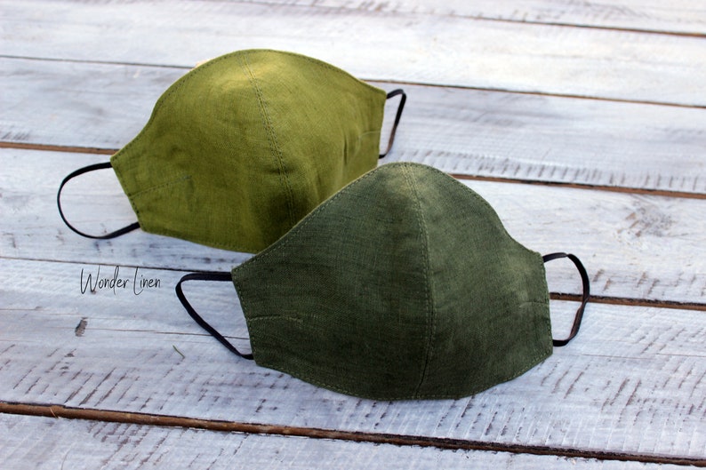Linen face mask. Moss green fabric reusable mask. Stonewashed soft anti dust mask. Face protecting cover. Natural linen breathable mask
