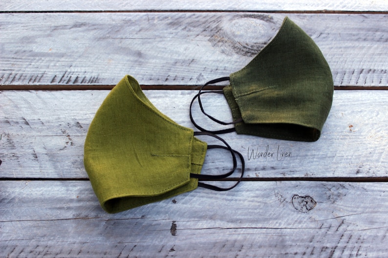 Linen face mask. Moss green fabric reusable mask. Stonewashed soft anti dust mask. Face protecting cover. Natural linen breathable mask