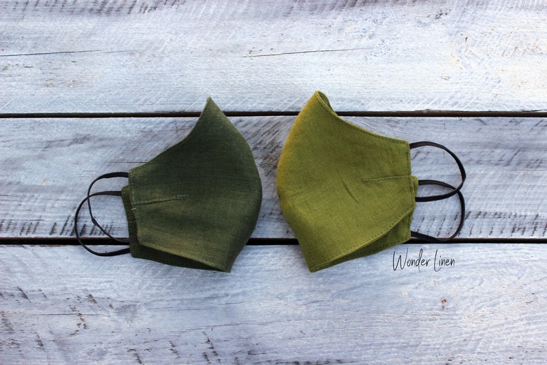 Linen face mask. Moss green fabric reusable mask. Stonewashed soft anti dust mask. Face protecting cover. Natural linen breathable mask