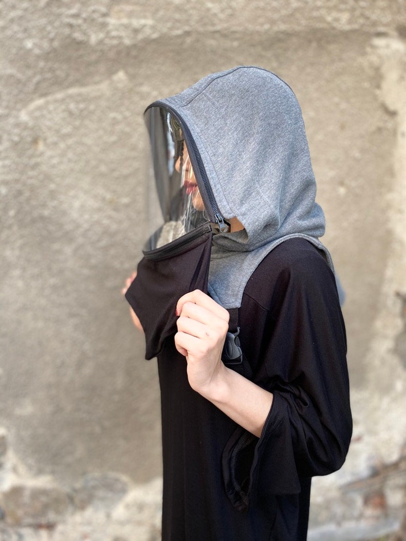 Hooded Zip-Up Face Shield Mask, Washable Cotton Hood