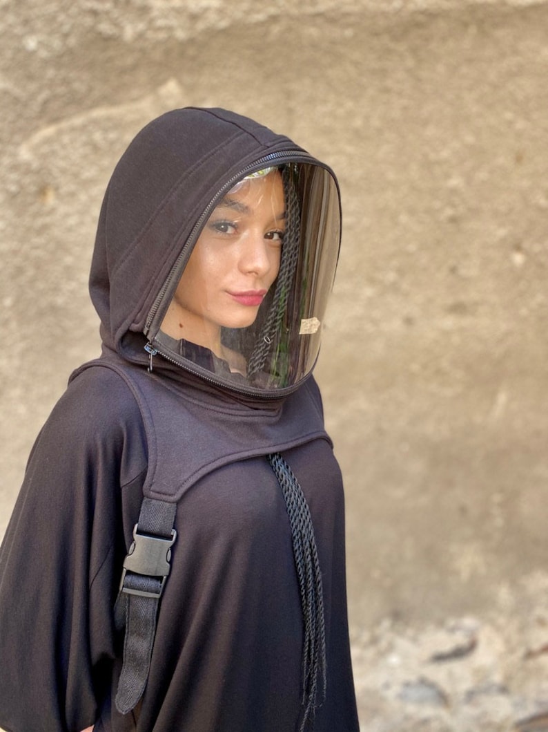 Hooded Zip-Up Face Shield Mask, Washable Cotton Hood