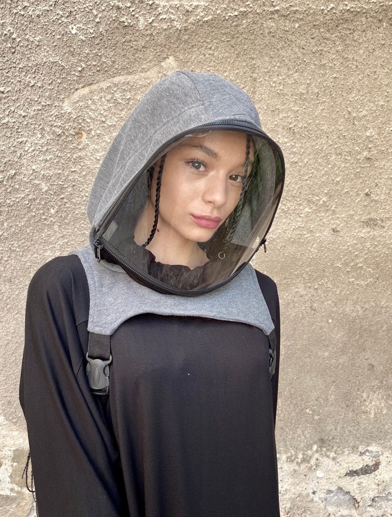 Hooded Zip-Up Face Shield Mask, Washable Cotton Hood