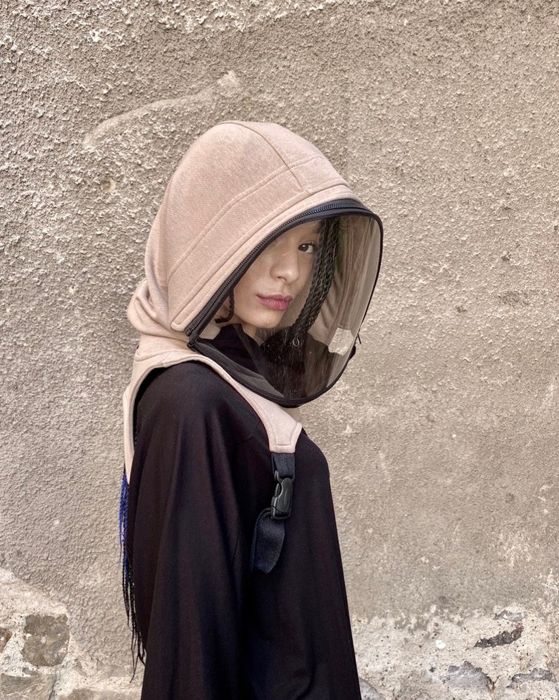 Hooded Zip-Up Face Shield Mask, Washable Cotton Hood