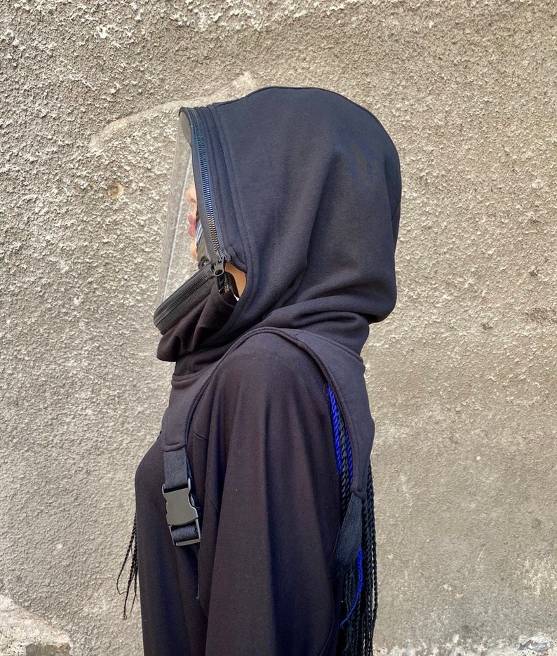 Hooded Zip-Up Face Shield Mask, Washable Cotton Hood