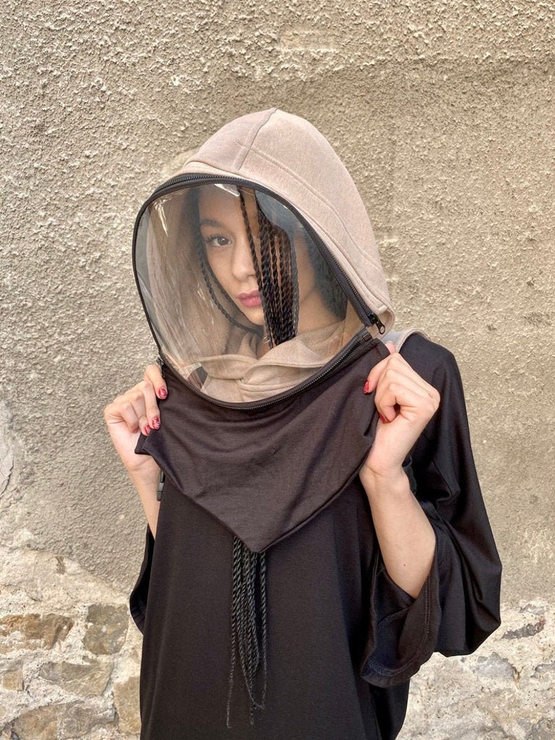 Hooded Zip-Up Face Shield Mask, Washable Cotton Hood