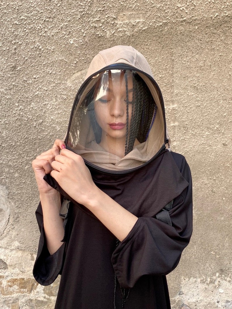 Hooded Zip-Up Face Shield Mask, Washable Cotton Hood