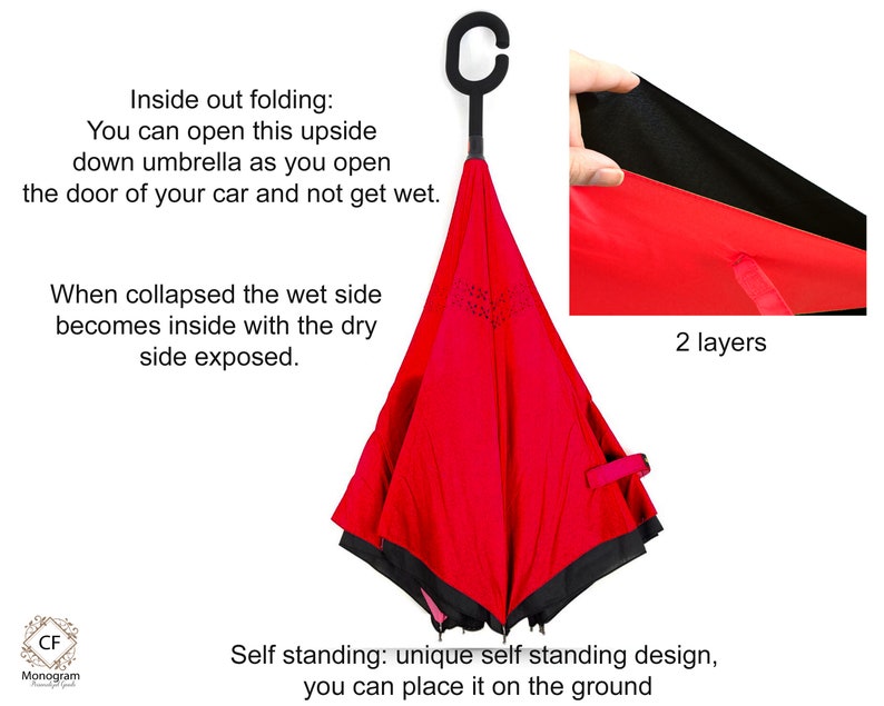 Monogram Umbrella, Inverted Double Layer, Red & Black, Personalized Gift