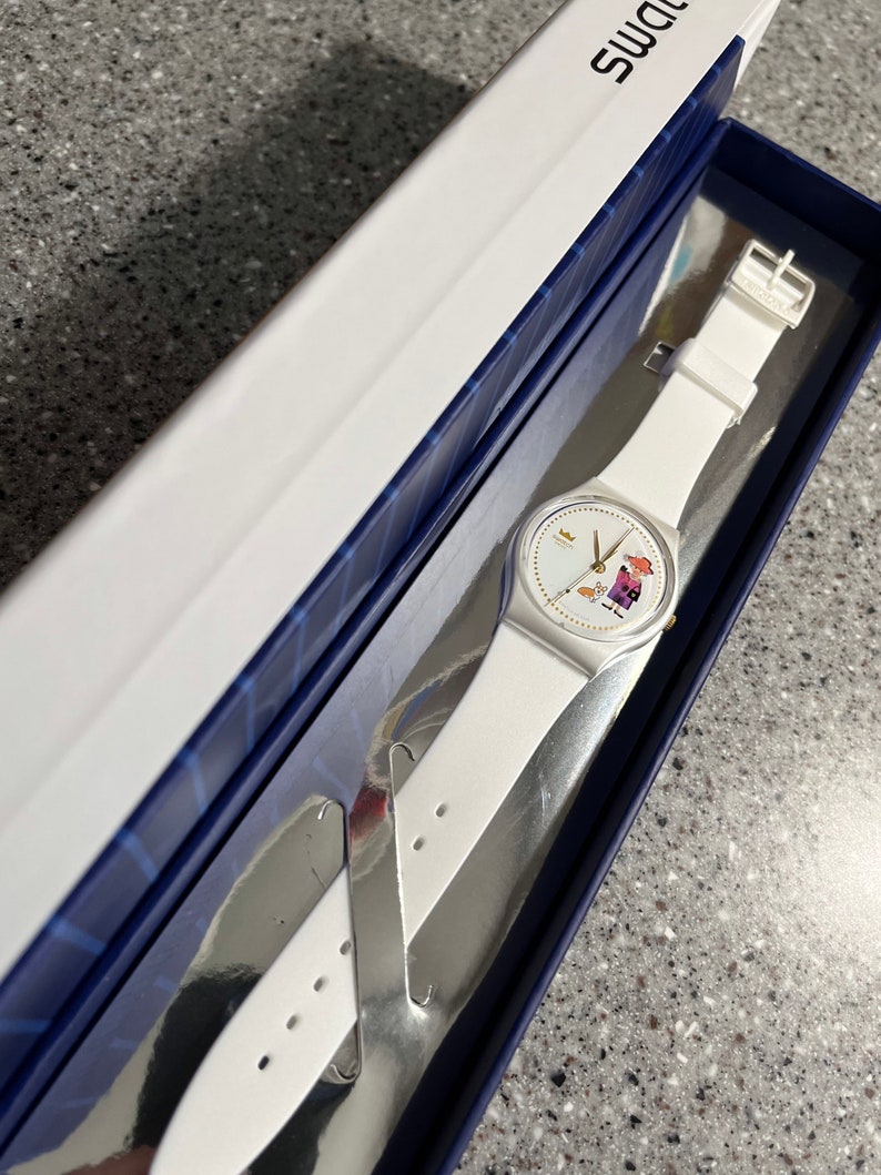 Swatch Watch How Majestic Queen Elizabeths 70 year Jubilee celebration 34mm, brand new, battery, box, paperwork and crown with Corgi dog