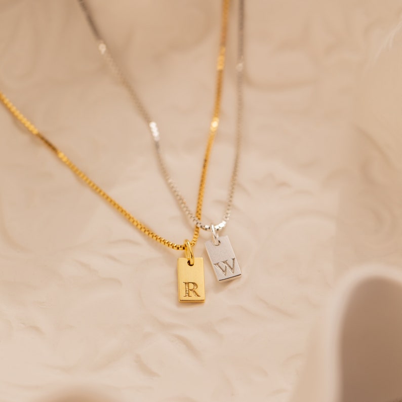 Dainty Initial Tag Necklace by Caitlyn Minimalist • Custom Engraved Letter Pendant Necklace in Box Chain • Bridesmaid Gifts • NM83bNIF33