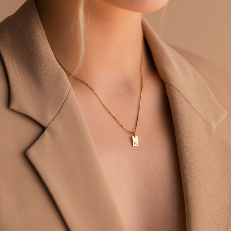 Dainty Initial Tag Necklace by Caitlyn Minimalist • Custom Engraved Letter Pendant Necklace in Box Chain • Bridesmaid Gifts • NM83bNIF33