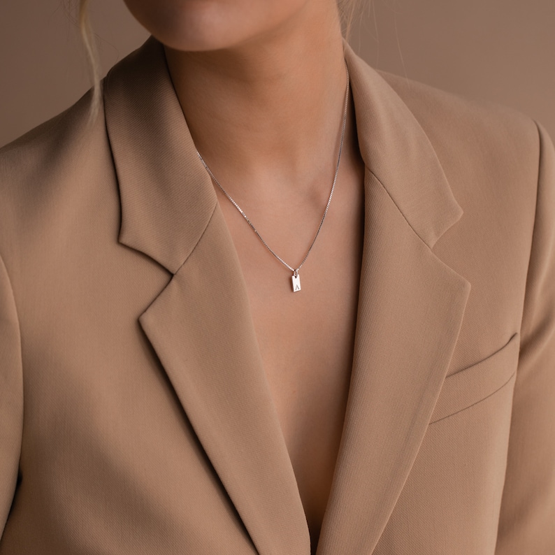 Dainty Initial Tag Necklace by Caitlyn Minimalist • Custom Engraved Letter Pendant Necklace in Box Chain • Bridesmaid Gifts • NM83bNIF33