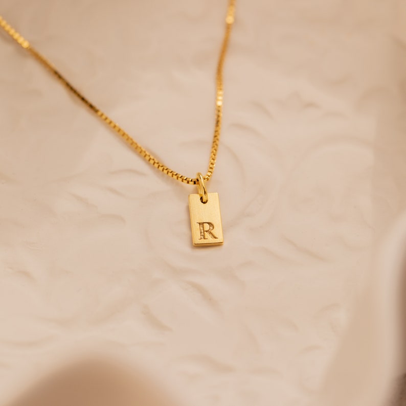 Dainty Initial Tag Necklace by Caitlyn Minimalist • Custom Engraved Letter Pendant Necklace in Box Chain • Bridesmaid Gifts • NM83bNIF33