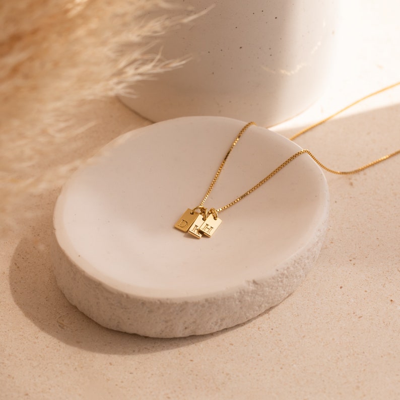 Dainty Initial Tag Necklace by Caitlyn Minimalist • Custom Engraved Letter Pendant Necklace in Box Chain • Bridesmaid Gifts • NM83bNIF33