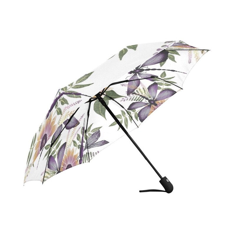 Purple Dragonfly Automatic Open Rain Umbrella With Matching Storage Sleeve, Dragonfly Lover Gift