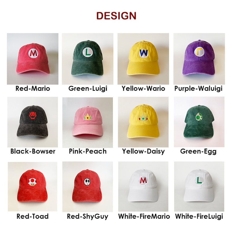 Super Mario Bros Cap Embroidered Washed Cotton cap Mario cap Luigi cap Wario cap Waluigi cap Bowser Peach Toad Egg costume cap Halloween cap
Analyze listing