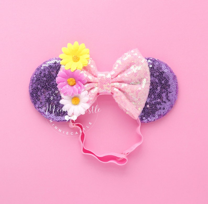 Rapunzell Minnie Ears, MickeyEar for Babies, Tangle Mouse Ears Elastic Headband, Toddler Flowers Sun Crown Mouse Ears, Adjustable Headband