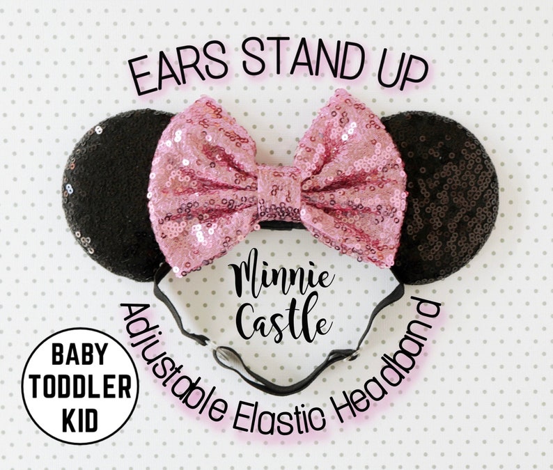 Minnie ears, Baby toddlers Mickey ears, Mouse ears with adjustable elastic headband, Pink and black sequin ears, Stretch band Mickey ears