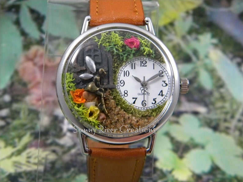 Fairy Garden Watch, door, path, greenery, flowers and fairy- personalize with the color flowers you want.