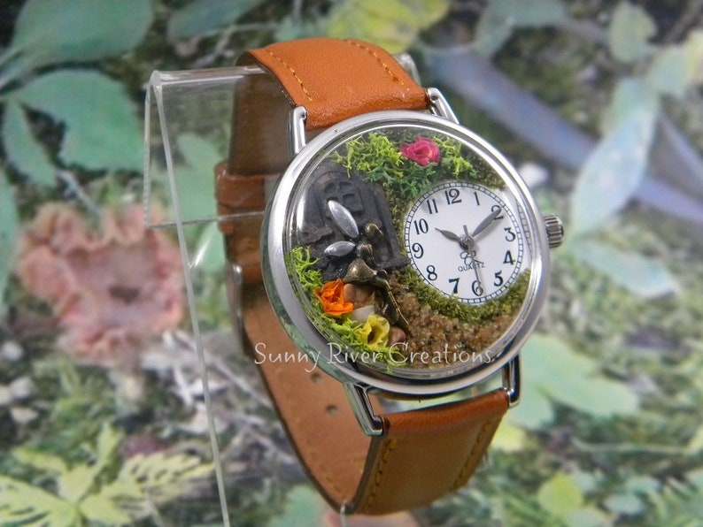 Fairy Garden Watch, door, path, greenery, flowers and fairy- personalize with the color flowers you want.