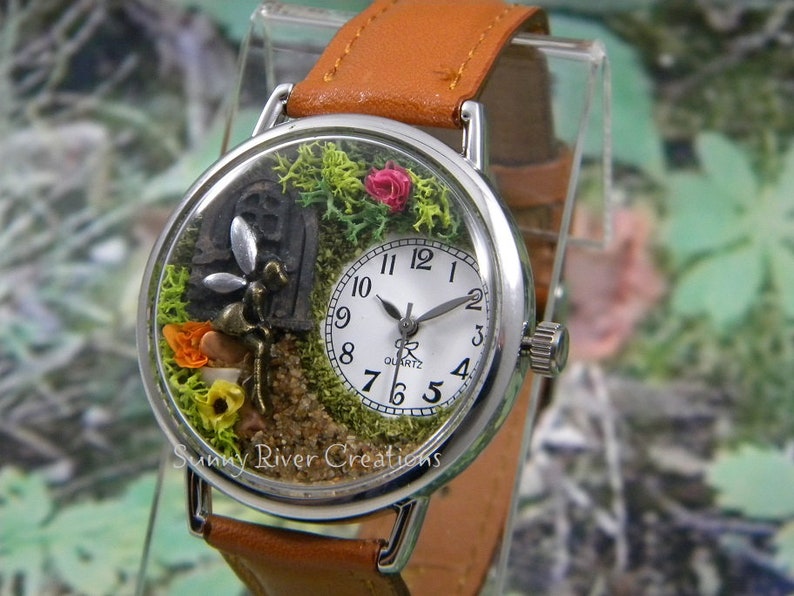 Fairy Garden Watch, door, path, greenery, flowers and fairy- personalize with the color flowers you want.