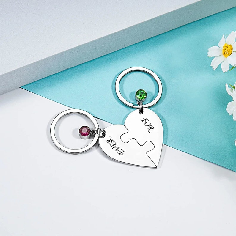 Matching keychains for couple best friends family, bff puzzle keychain, friendship gift, heart keychain with birthstones 2 to 4 pieces