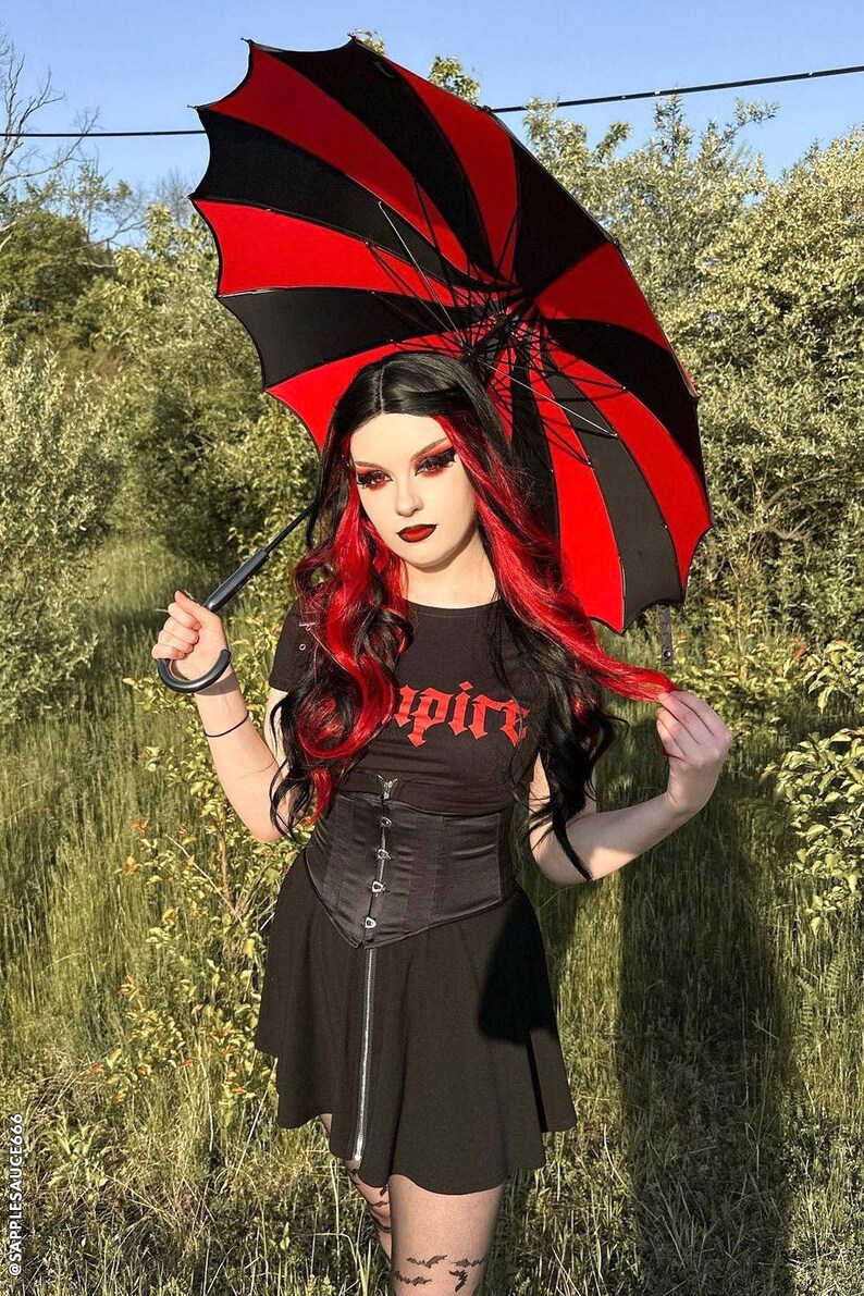Batwing Pagoda Umbrella Red & Black Gothic Accessory