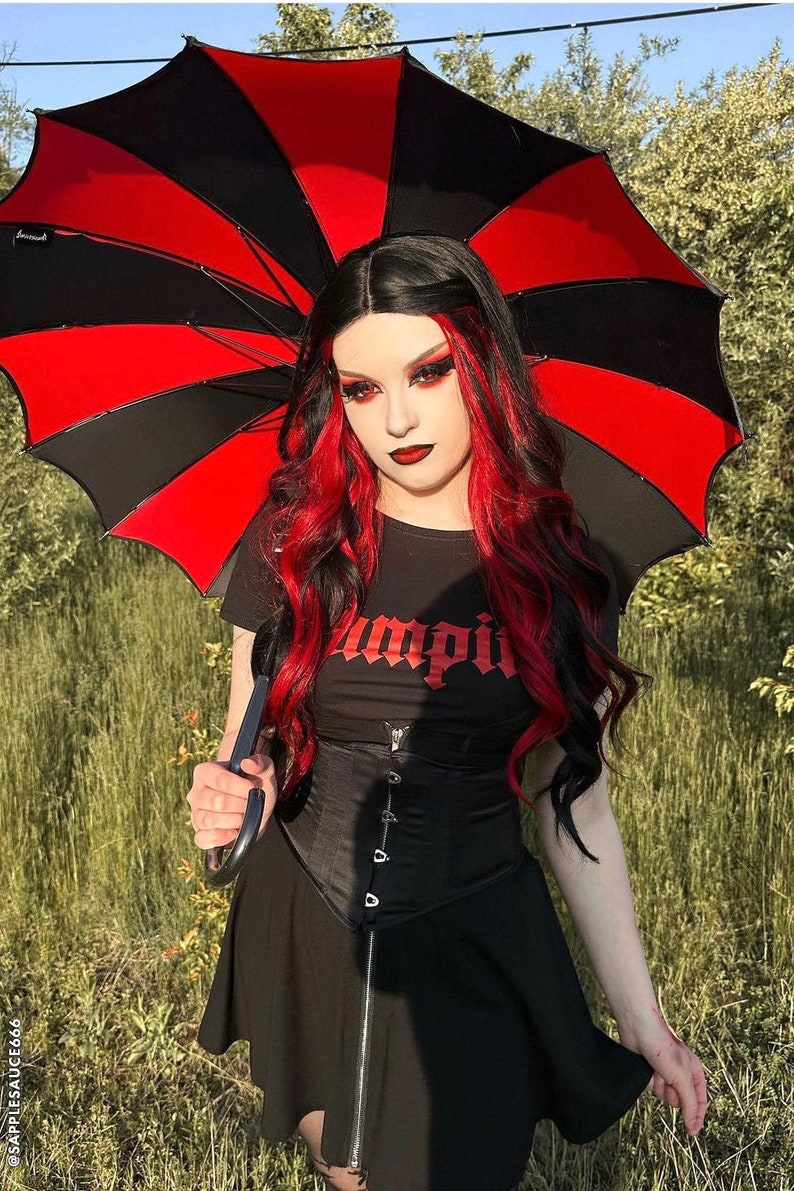 Batwing Pagoda Umbrella Red & Black Gothic Accessory