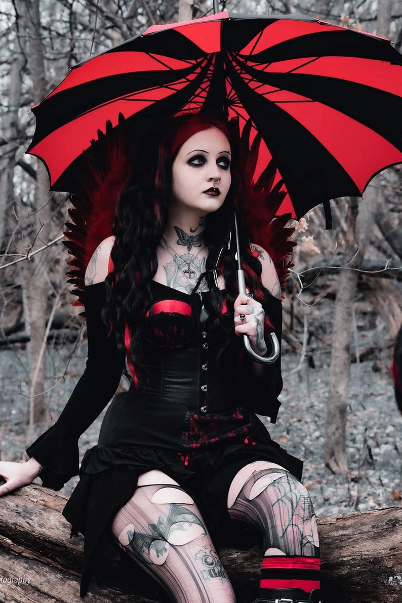 Batwing Pagoda Umbrella Red & Black Gothic Accessory