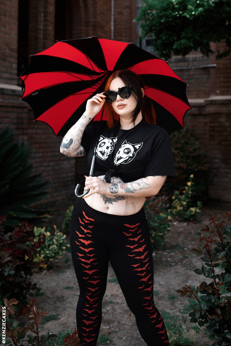 Batwing Pagoda Umbrella Red & Black Gothic Accessory