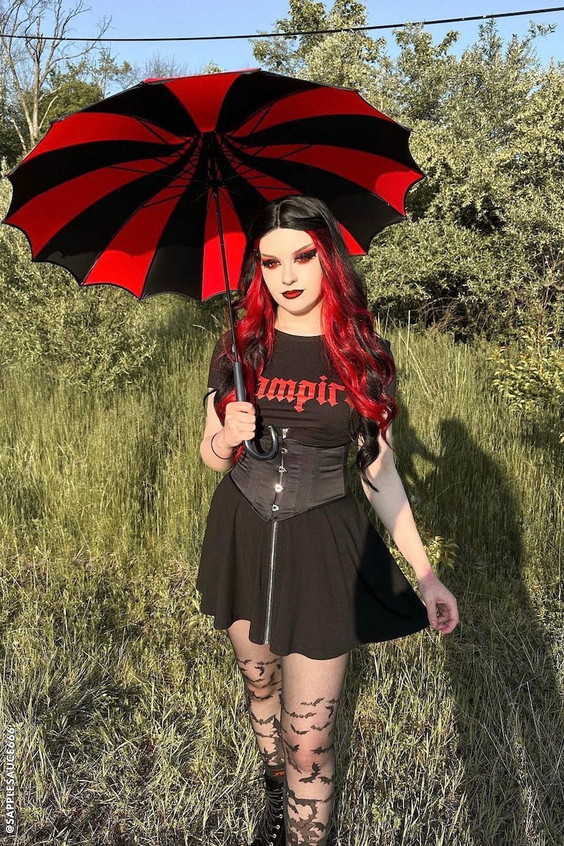 Batwing Pagoda Umbrella Red & Black Gothic Accessory