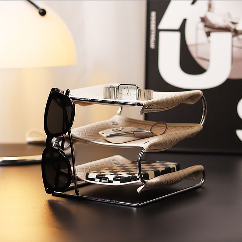 Personalized Leather Desktop Organizer, 3 Tier Office Desk Organizer, Handmade Office Accessories, Leather Table Workplace Supplies
