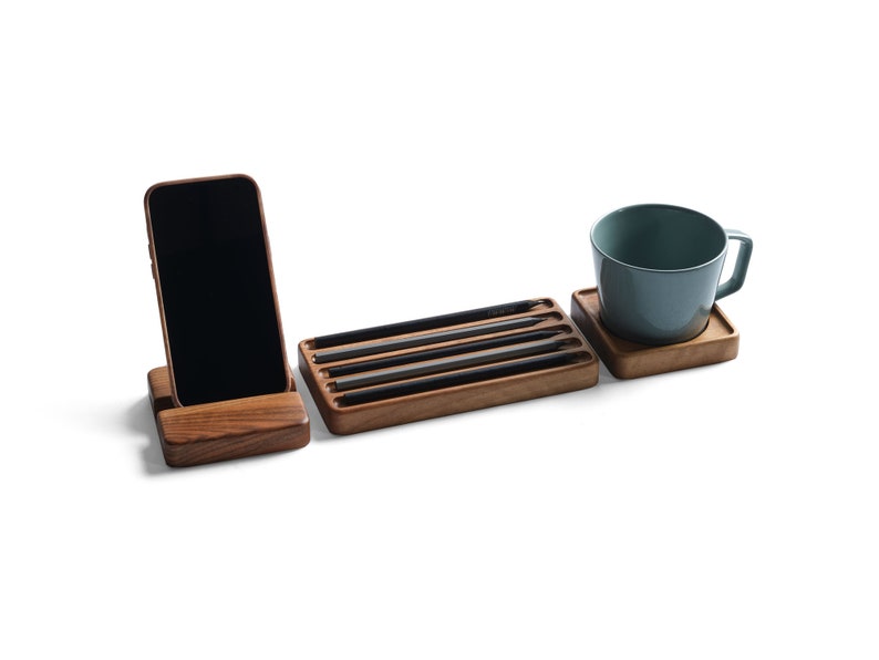 Handmade Beech Wood Desk Organizer Set: Minimalist Office Storage
