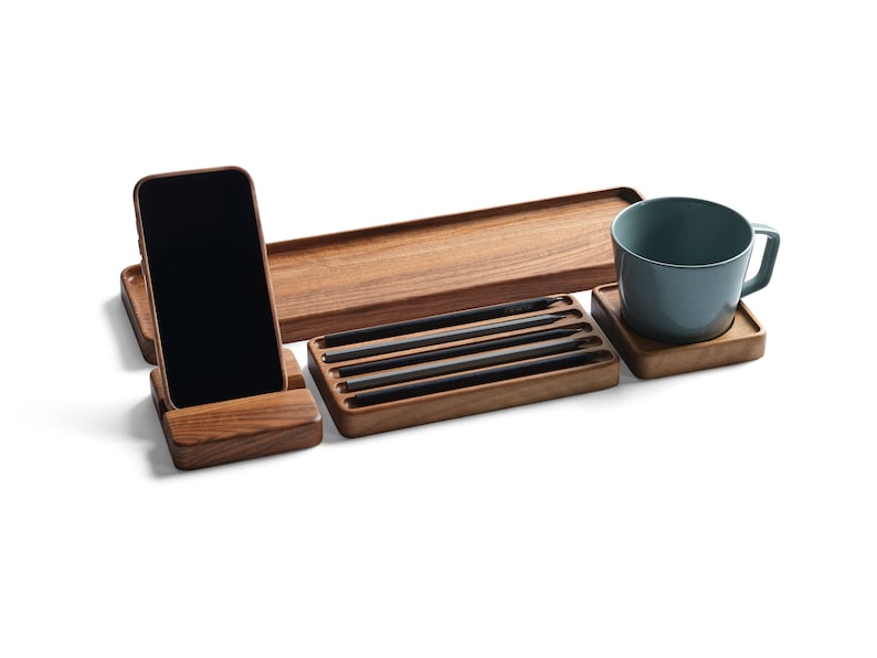 Handmade Beech Wood Desk Organizer Set: Minimalist Office Storage
