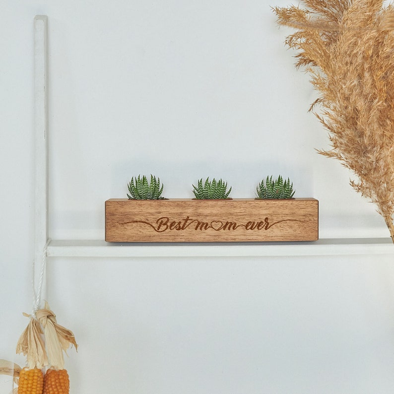 Best Mom Succulent Planter, Wooden Indoor Plant Holder, Personalized Plant Pot, Mom Appreciation, New Mom, Mother's Day Gift for Mom Grandma
