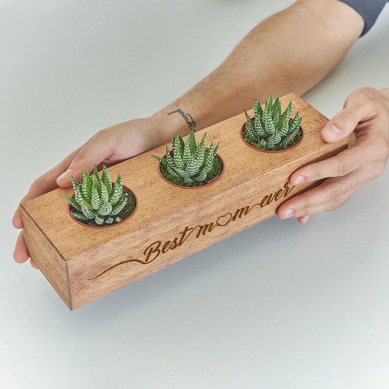 Best Mom Succulent Planter, Wooden Indoor Plant Holder, Personalized Plant Pot, Mom Appreciation, New Mom, Mother's Day Gift for Mom Grandma
