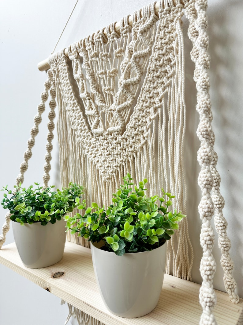 Handmade Macrame Plant Shelf: Boho Wall Hanging with Wooden Dowel