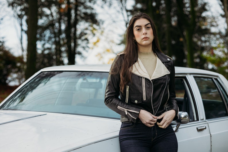 Size: "S" BIRANGG | Women’s Real Semi-Aniline Sheep Leather Biker Jacket | Stylish Black and White Color Design - Handcrafted