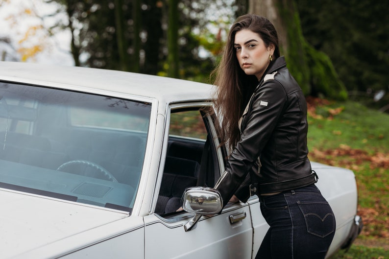 Size: "S" BIRANGG | Women’s Real Semi-Aniline Sheep Leather Biker Jacket | Stylish Black and White Color Design - Handcrafted