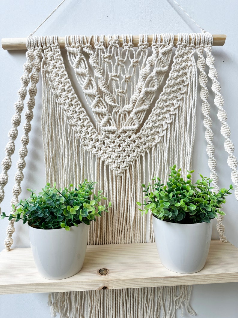 Handmade Macrame Plant Shelf: Boho Wall Hanging with Wooden Dowel