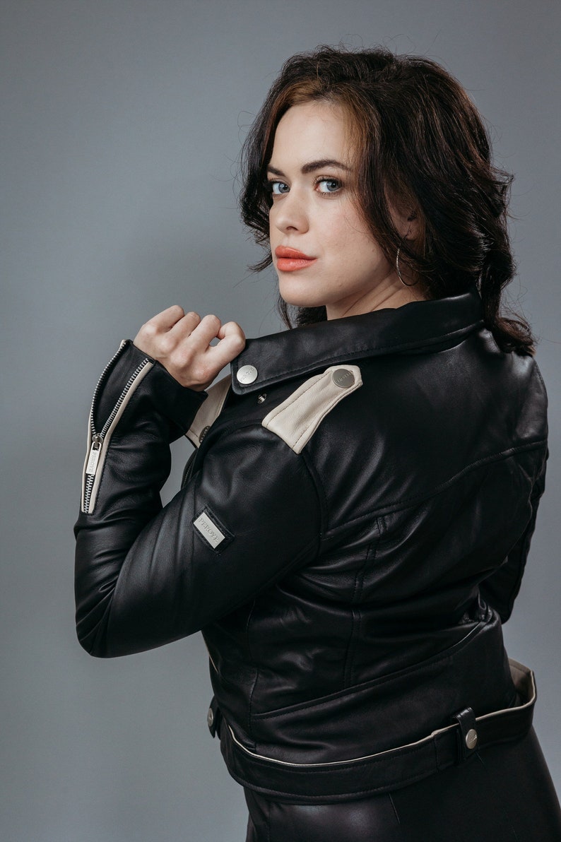 Size: "S" BIRANGG | Women’s Real Semi-Aniline Sheep Leather Biker Jacket | Stylish Black and White Color Design - Handcrafted
