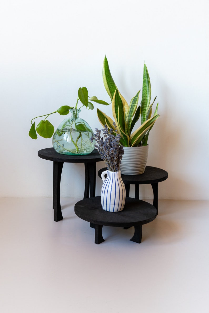 Wooden black plant stand 3 sizes MEDUZA wide / set of flowerbeds