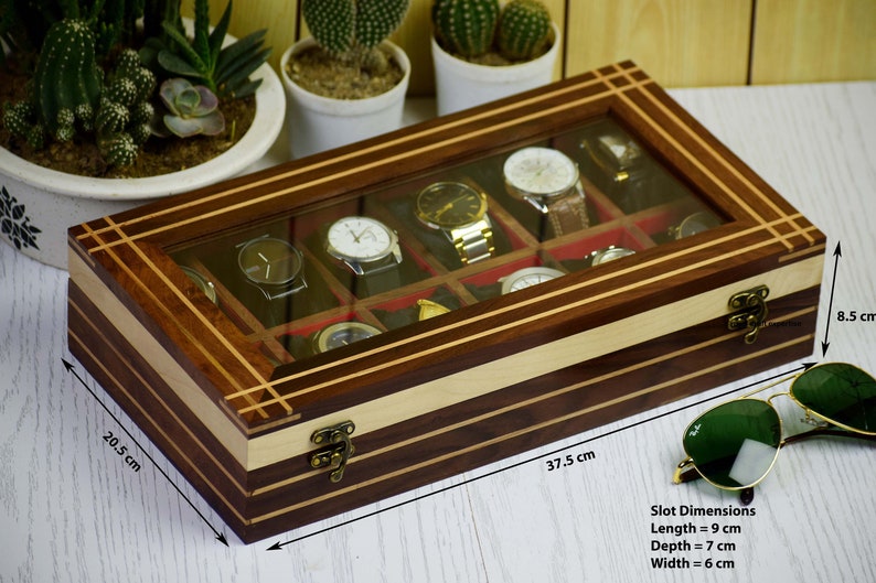 Vintage Rosewood 12 slot Unique Watch Box Case Organizer Collection for Men Birthday Gift Father Son Husband Boyfriend Anniversary Christmas